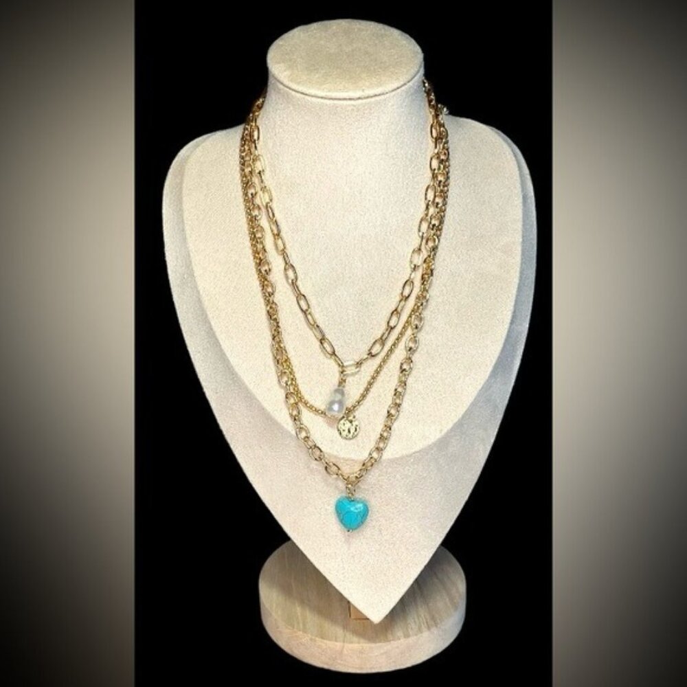 3 Layer Turquoise Heart Faux Pearl Coin Pendant Necklace Gold Tone New
